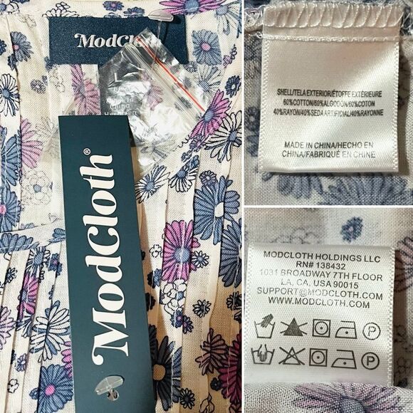 Modcloth Floral Prairie Doll Mini Dress Ruffle Shoulder Purple Blue L NWT - Picture 11 of 12